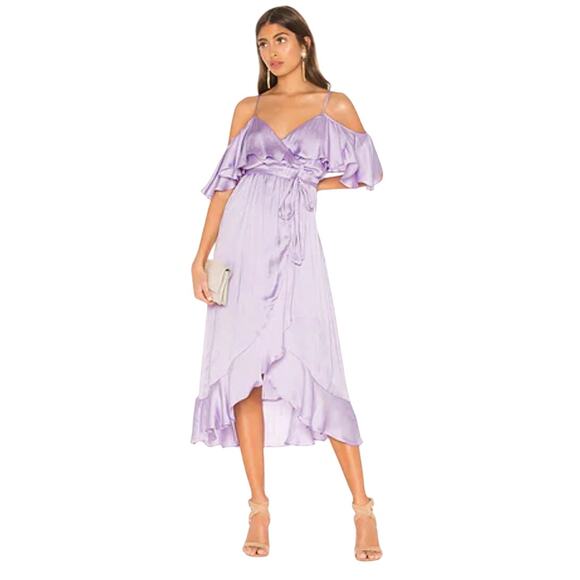 Bardot Satin Bea Wrap Ruffle Midi Dress US 6 Lilac Coquette Fairy Whimsy Event - Picture 1 of 16